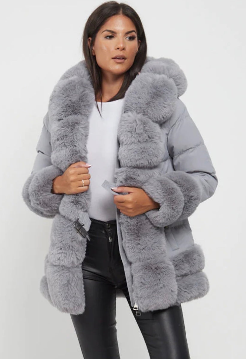 TRIM FAUX FUR BELTED PADDED COAT - GREY – Miss Guilty