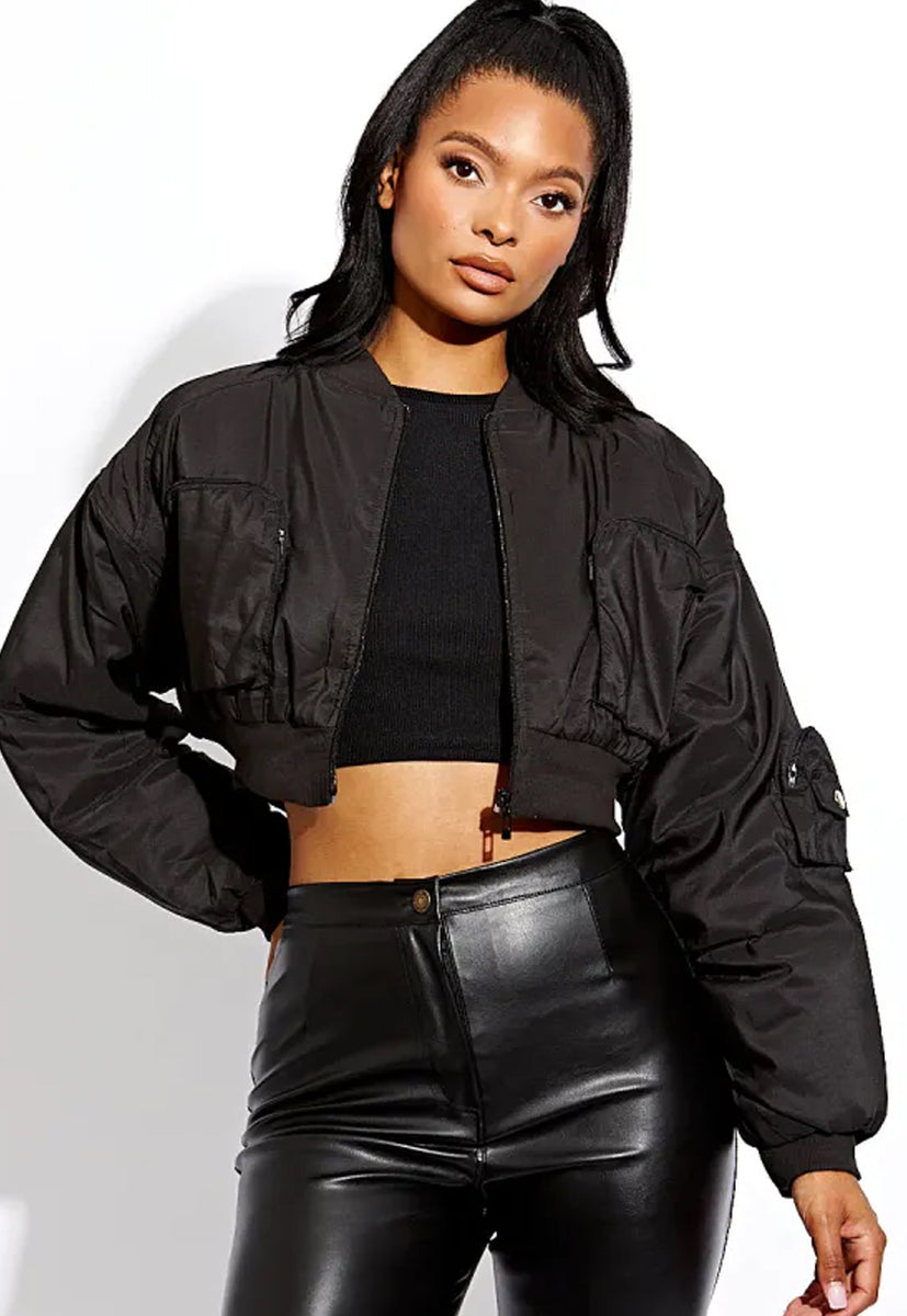 Cropped black outlet bomber