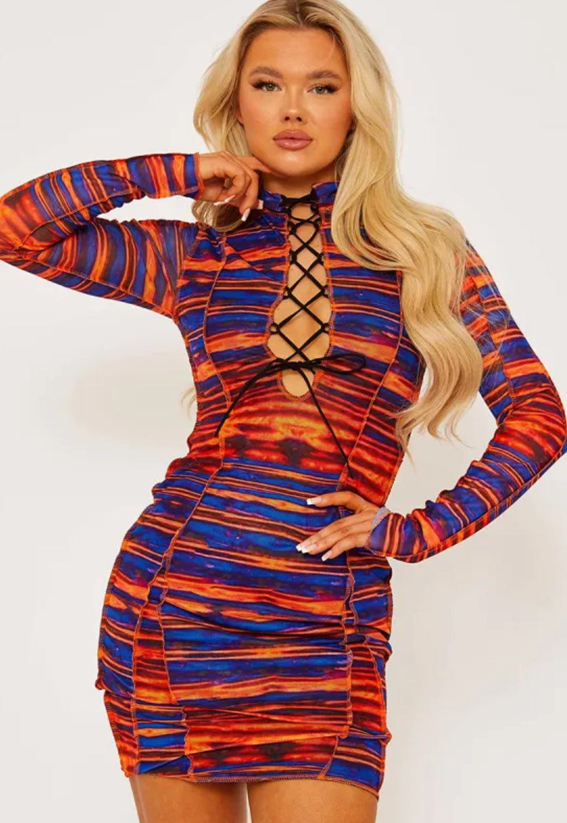 Orange ribbed long sleeve bardot ruched bodycon top dress