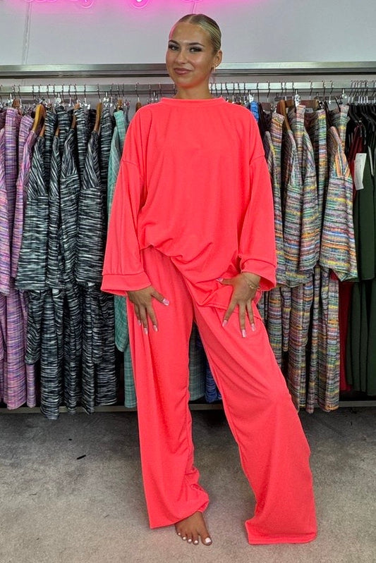 Oversized Long Sleeve Top & Wide Leg Trousers Loungewear Set - Neon Pink