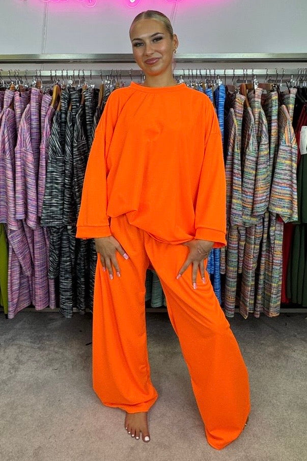 Oversized Long Sleeve Top & Wide Leg Trousers Loungewear Set - Neon Orange