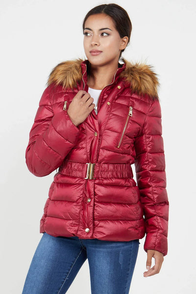 Women’s Puffer Jacket with Faux Fur Trim - Burgundy