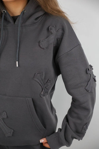 Cross Appliqué Oversized Hoodie and Joggers Set - Charcoal