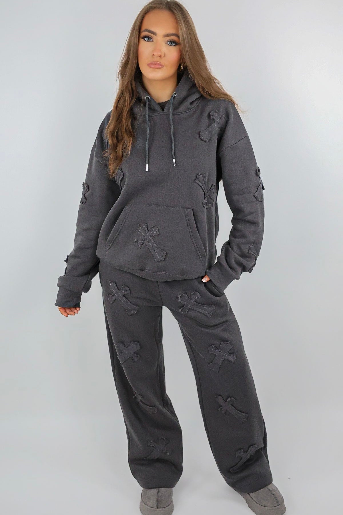 Cross Appliqué Oversized Hoodie and Joggers Set - Charcoal