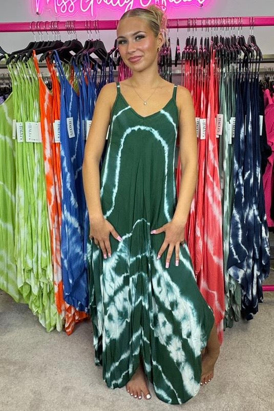 Tie Dye Strappy Long Summer Sun Dress - Emerald