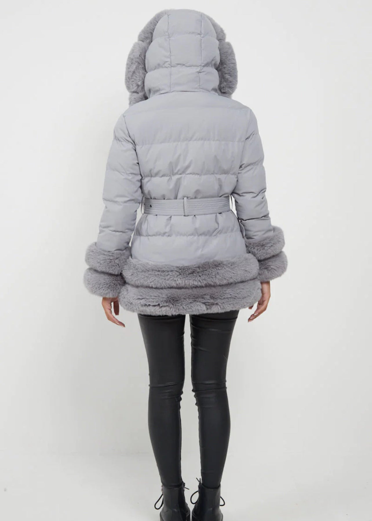TRIM FAUX FUR BELTED PADDED COAT - GREY