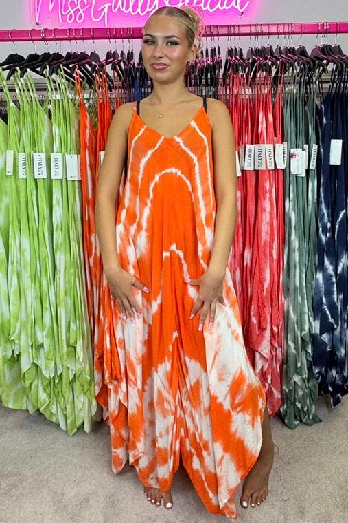 Tie Dye Strappy Long Summer Sun Dress - Orange