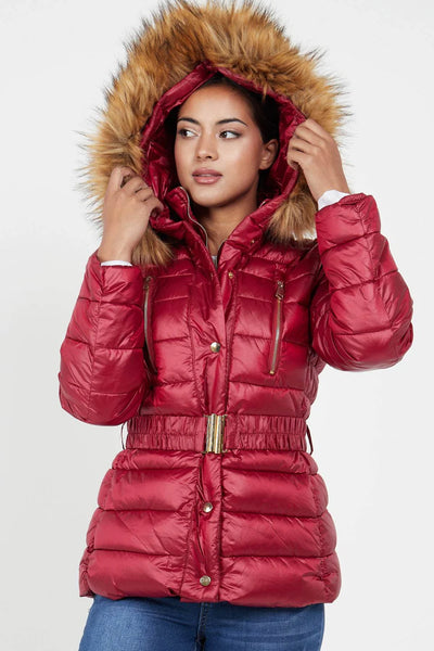 Women’s Puffer Jacket with Faux Fur Trim - Burgundy