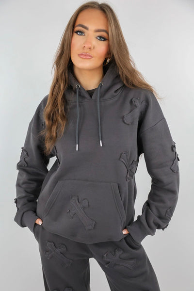 Cross Appliqué Oversized Hoodie and Joggers Set - Charcoal