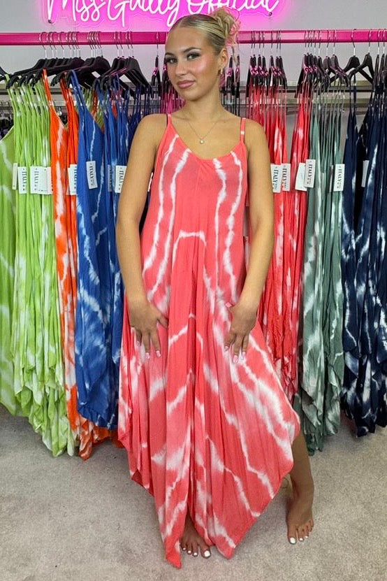 Tie Dye Strappy Long Summer Sun Dress - Coral