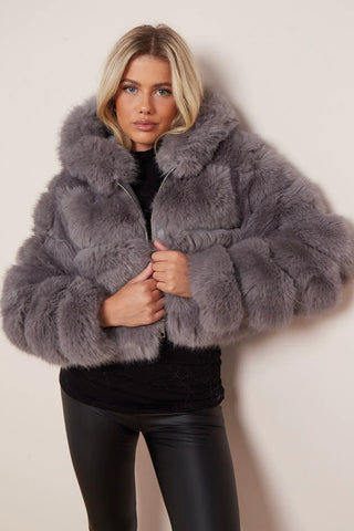 CROPPED PREMIUM FAUX FUR HOOD COAT - GREY