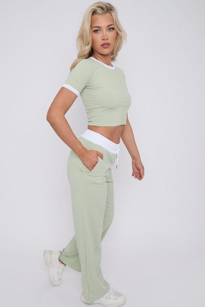 Contrast Trim Crop Top & Wide Leg Ribbed Set - Mint Green 