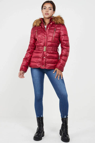 Women’s Puffer Jacket with Faux Fur Trim - Burgundy