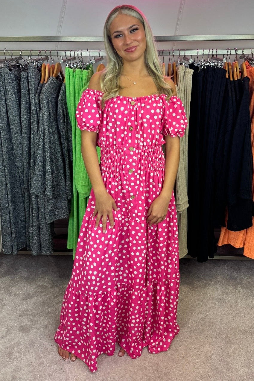 Polka Dot Button Down Front Maxi Summer Dress - Pink