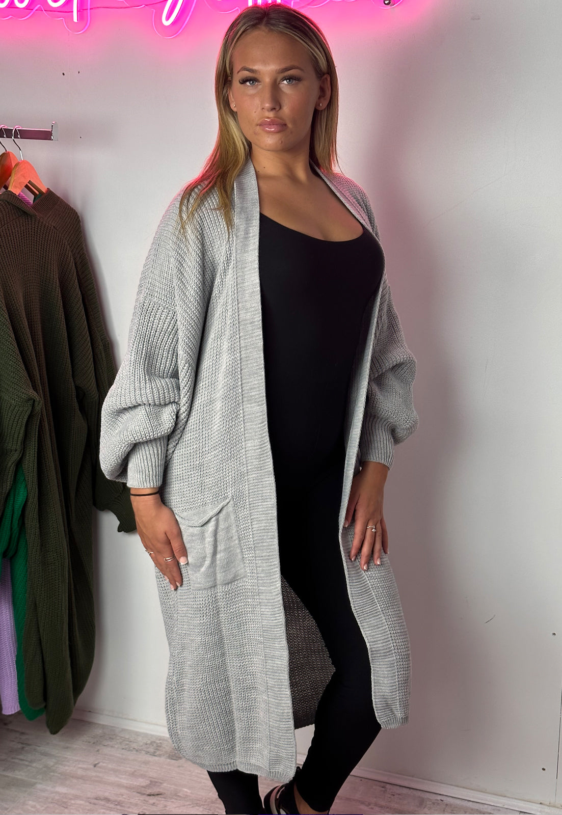 Remel Longline Knitted Balloon Sleeved Cardigan in Grey