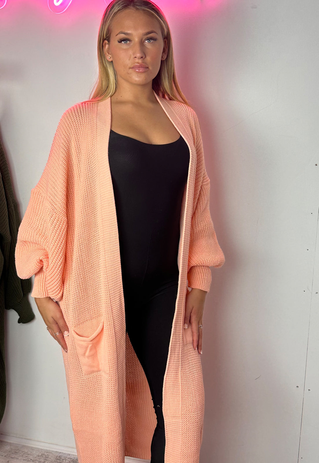 Remel Longline Knitted Balloon Sleeved Cardigan in peach