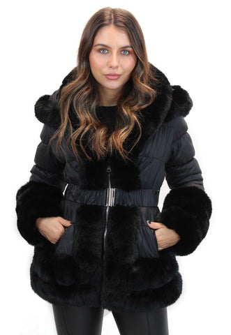 TRIM FAUX FUR BELTED DOWN JACKET  - MATT BLACK