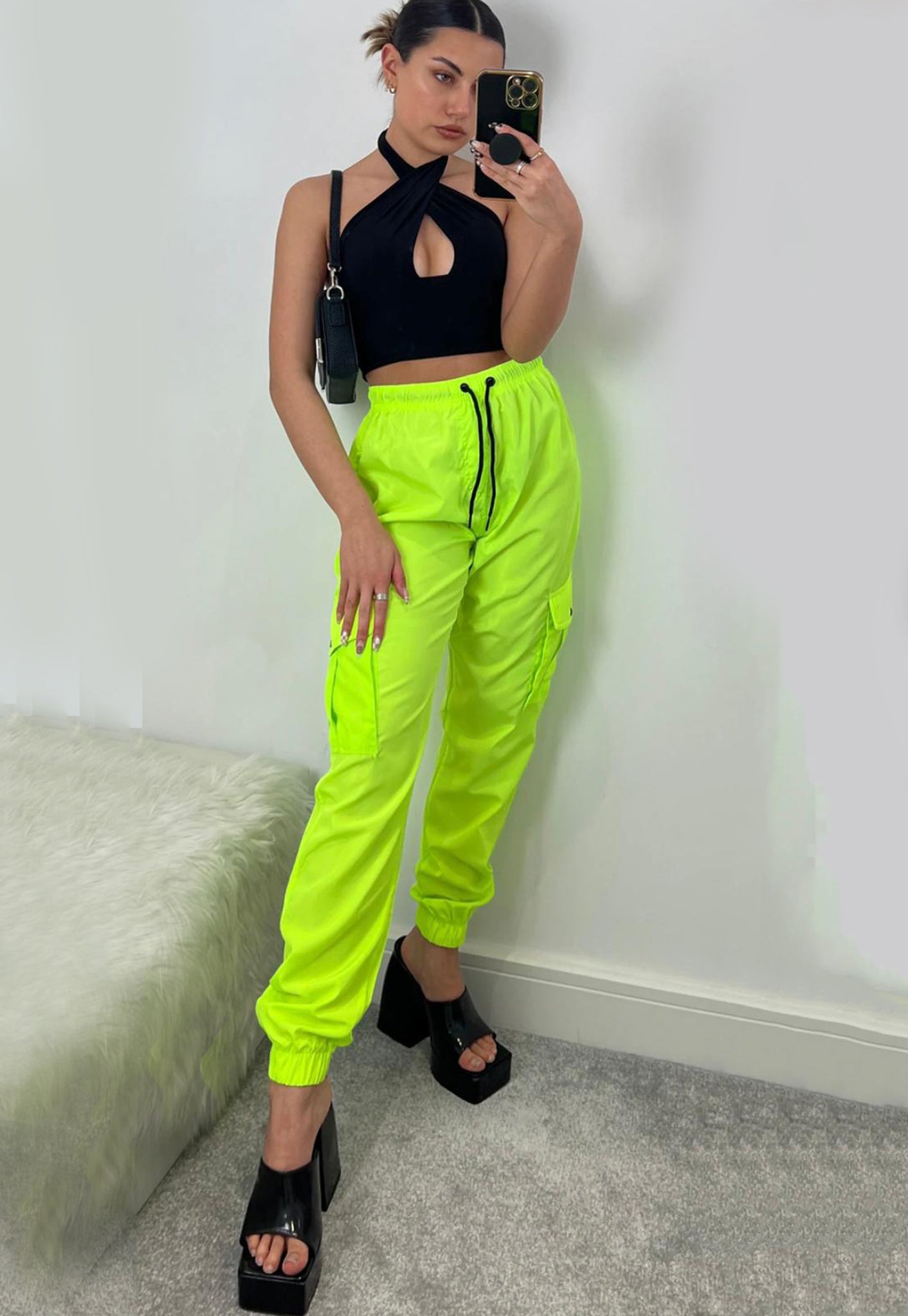 High Waist Neon Lime Flap Pocket Pants  SHEIN IN