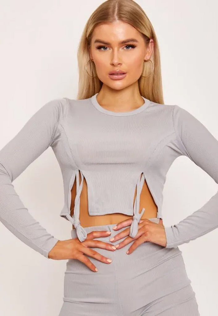 RIBBED RUCHED SLIT CROP TOP & TROUSERS LOUNGEWEAR SET - GREY