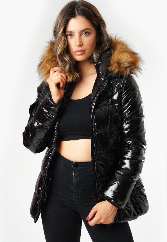 PADDED BELTED FAUX FUR QUILTED JACKET - BLACK – Miss Guilty