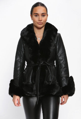 FAUX FUR COLLARED BELTED FAUX LEATHER JACKET - BLACK