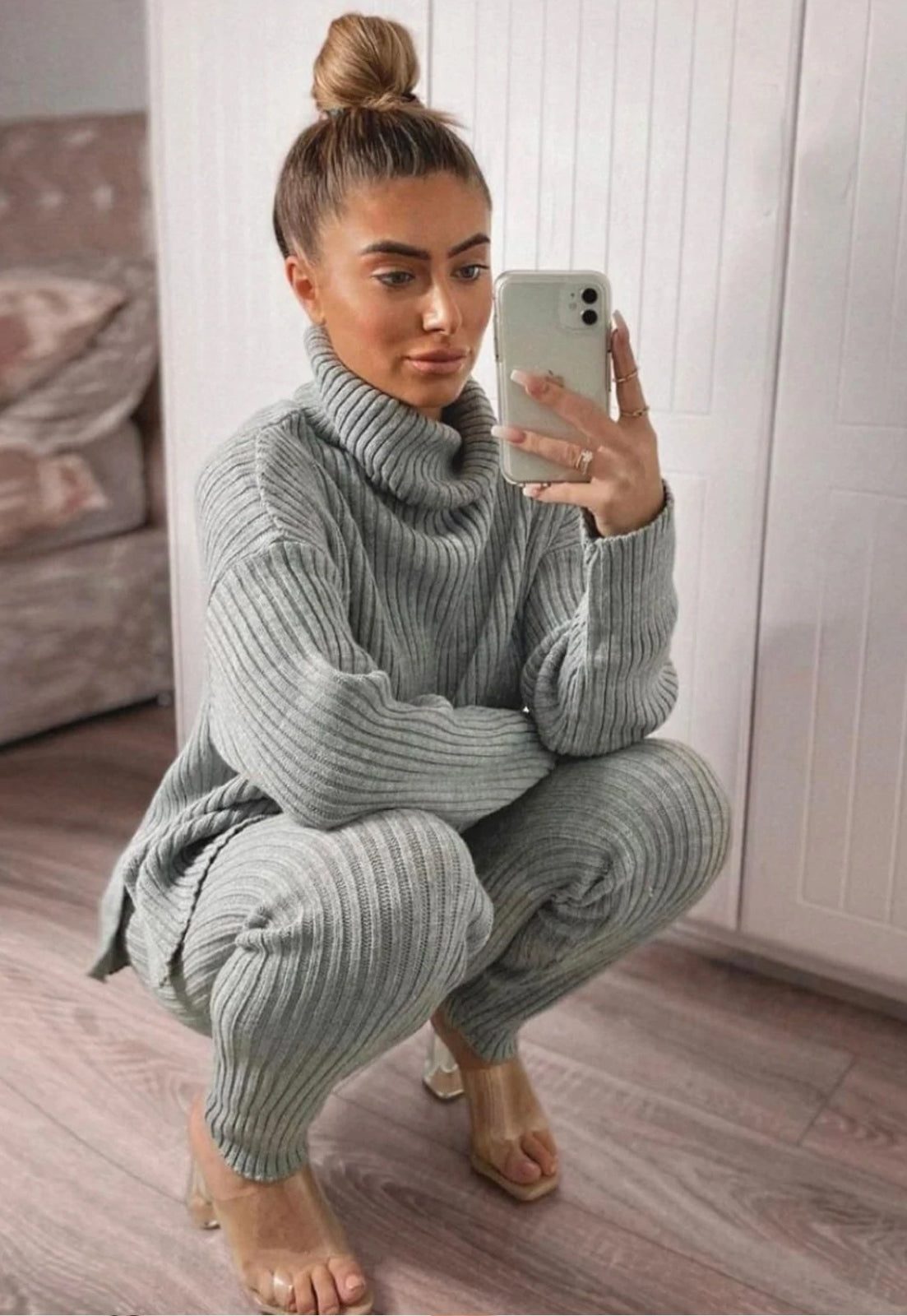 Roll Into Love Grey Ribbed Roll Neck Knitted Loungewear Co Ord Set